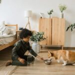 Child feeding a Corgi water in a cozy bedroom with plants and natural decor.